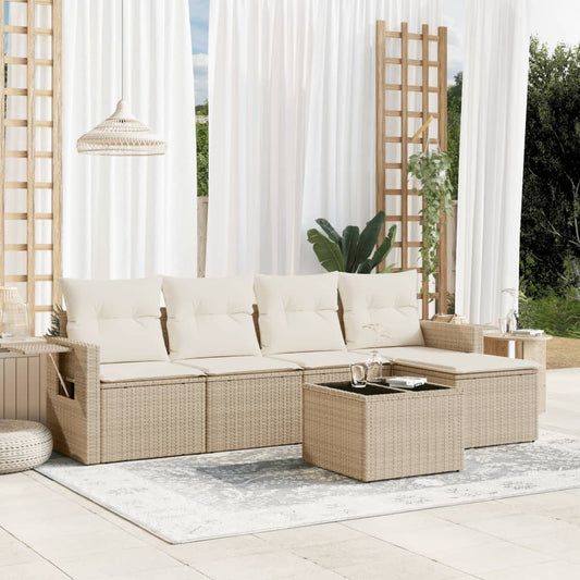 6-tlg. Garten-Sofagarnitur mit Kissen Beige Poly Rattan