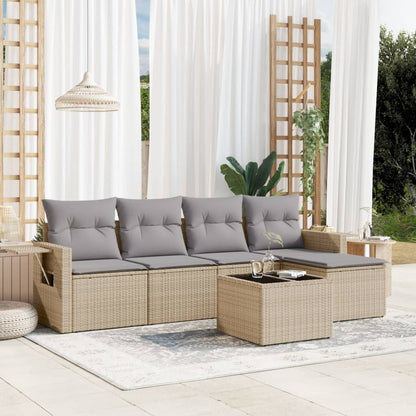 6-tlg. Garten-Sofagarnitur mit Kissen Beige Poly Rattan