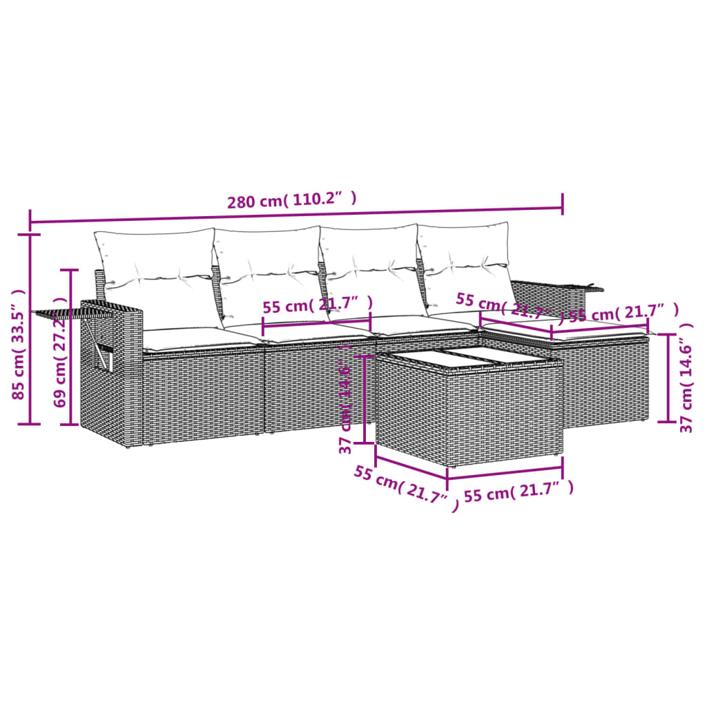 6-tlg. Garten-Sofagarnitur mit Kissen Grau Poly Rattan