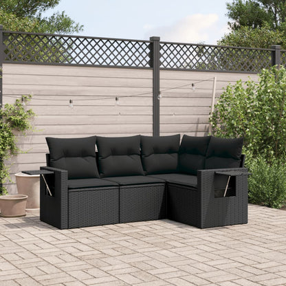 4-tlg. Garten-Sofagarnitur mit Kissen Schwarz Poly Rattan