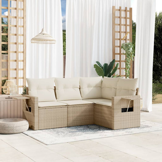 4-tlg. Garten-Sofagarnitur mit Kissen Beige Poly Rattan