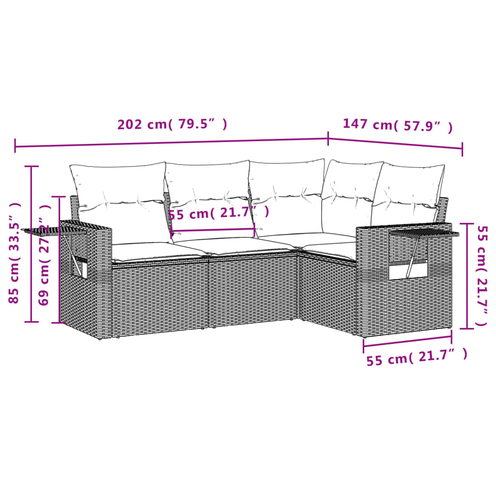 4-tlg. Garten-Sofagarnitur mit Kissen Grau Poly Rattan