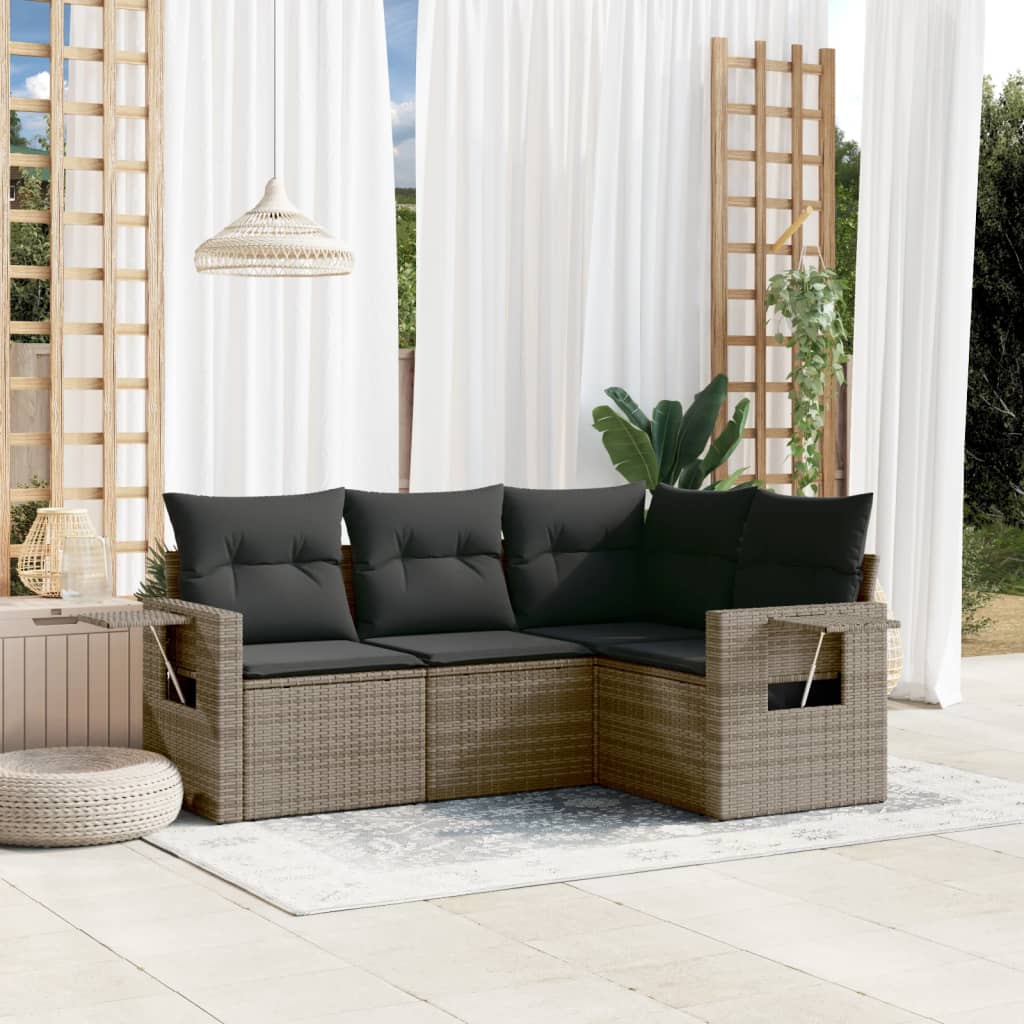 4-tlg. Garten-Sofagarnitur mit Kissen Grau Poly Rattan