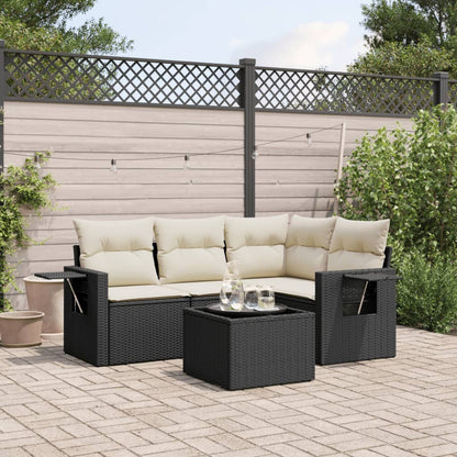 5-tlg. Garten-Sofagarnitur mit Kissen Schwarz Poly Rattan