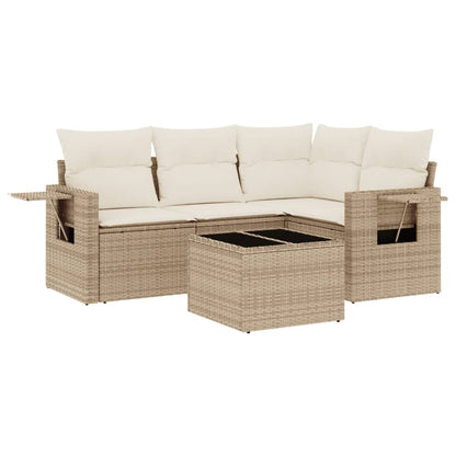 5-tlg. Garten-Sofagarnitur mit Kissen Beige Poly Rattan