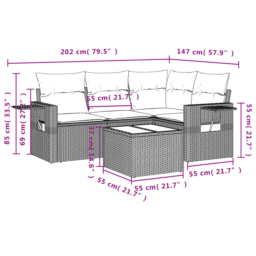 5-tlg. Garten-Sofagarnitur mit Kissen Beige Poly Rattan