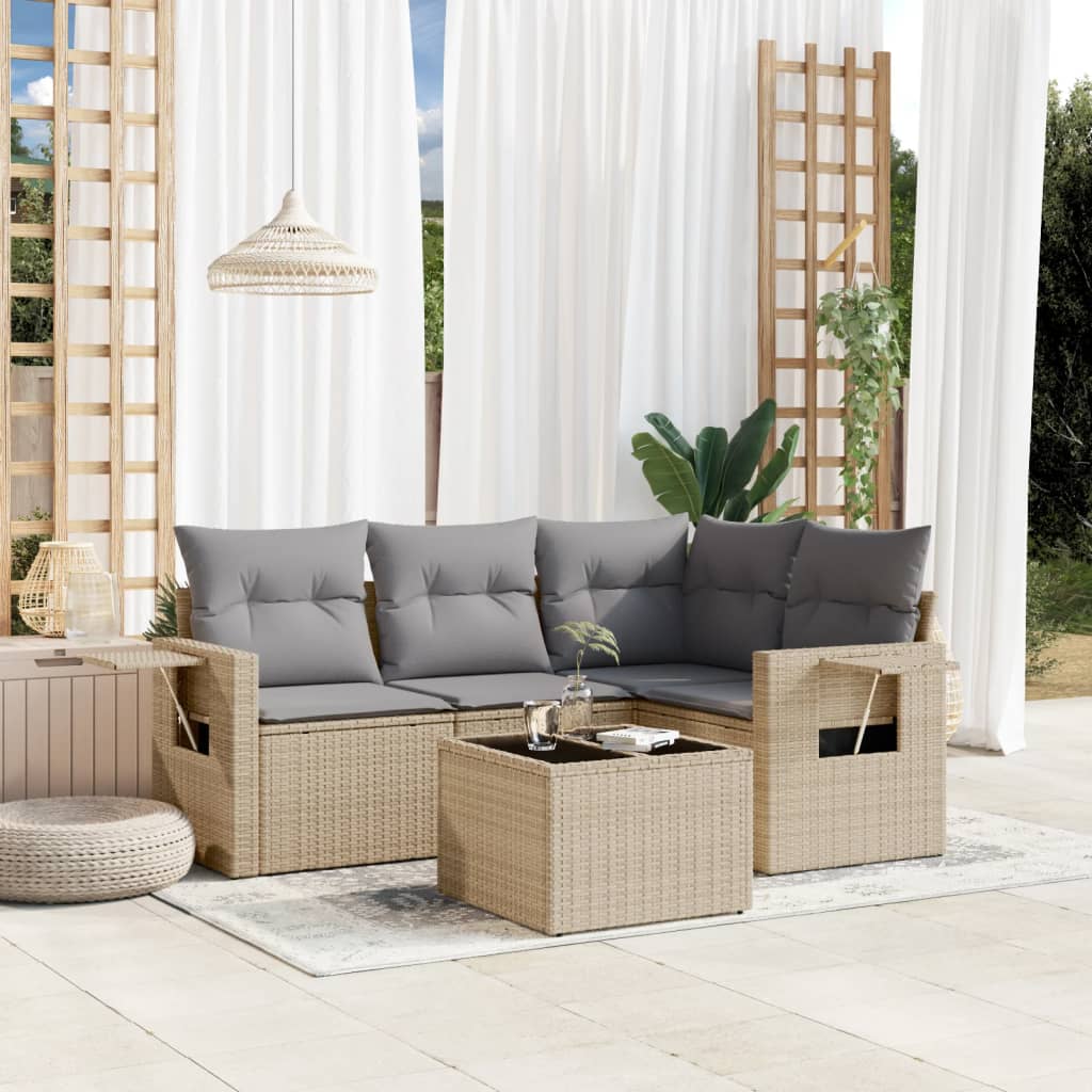 5-tlg. Garten-Sofagarnitur mit Kissen Beige Poly Rattan