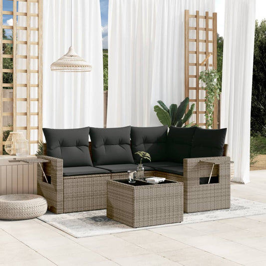 5-tlg. Garten-Sofagarnitur mit Kissen Grau Poly Rattan