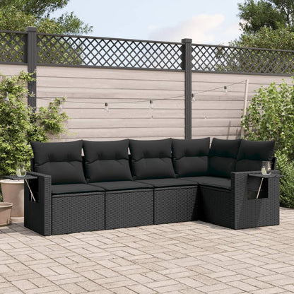 5-tlg. Garten-Sofagarnitur mit Kissen Schwarz Poly Rattan