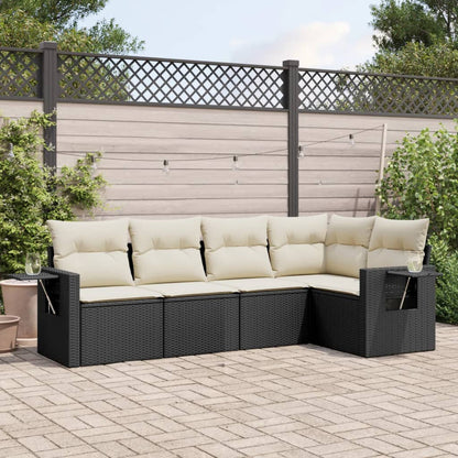 5-tlg. Garten-Sofagarnitur mit Kissen Schwarz Poly Rattan