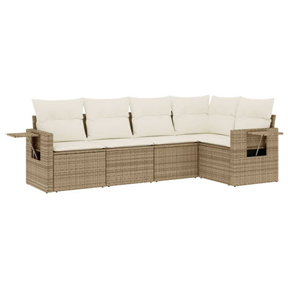 5-tlg. Garten-Sofagarnitur mit Kissen Beige Poly Rattan