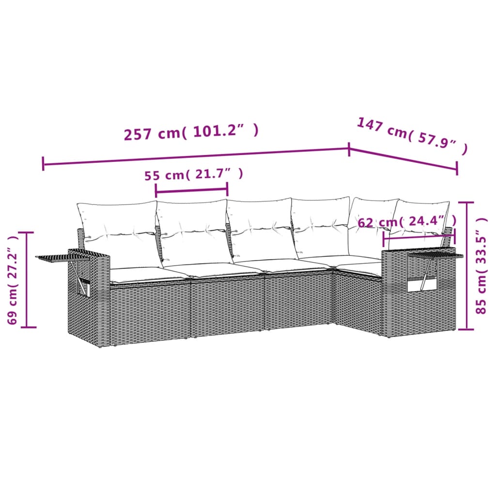 5-tlg. Garten-Sofagarnitur mit Kissen Beige Poly Rattan