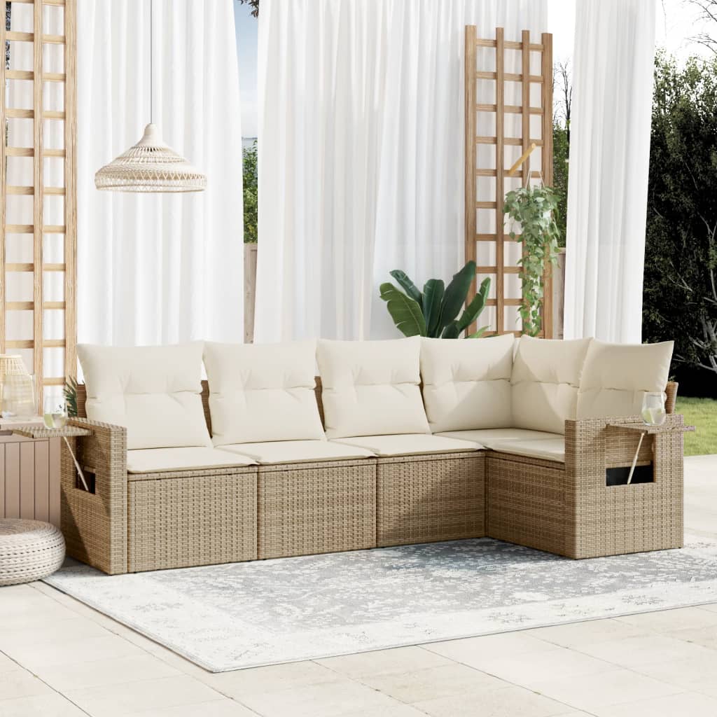 5-tlg. Garten-Sofagarnitur mit Kissen Beige Poly Rattan