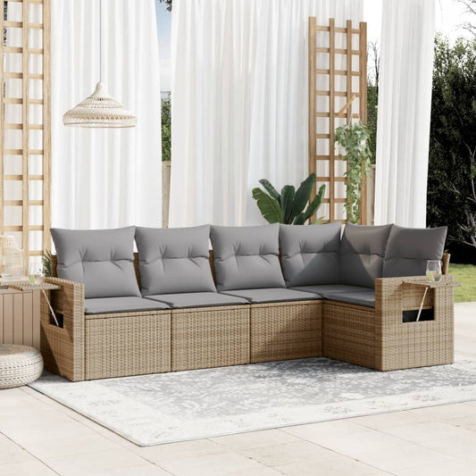 5-tlg. Garten-Sofagarnitur mit Kissen Beige Poly Rattan