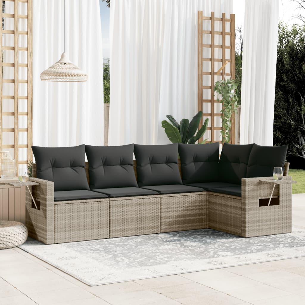 5-tlg. Garten-Sofagarnitur mit Kissen Hellgrau Poly Rattan