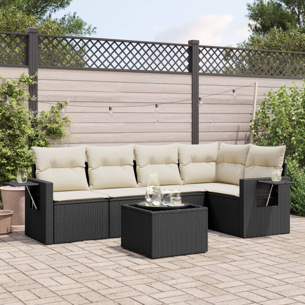 6-tlg. Garten-Sofagarnitur mit Kissen Schwarz Poly Rattan