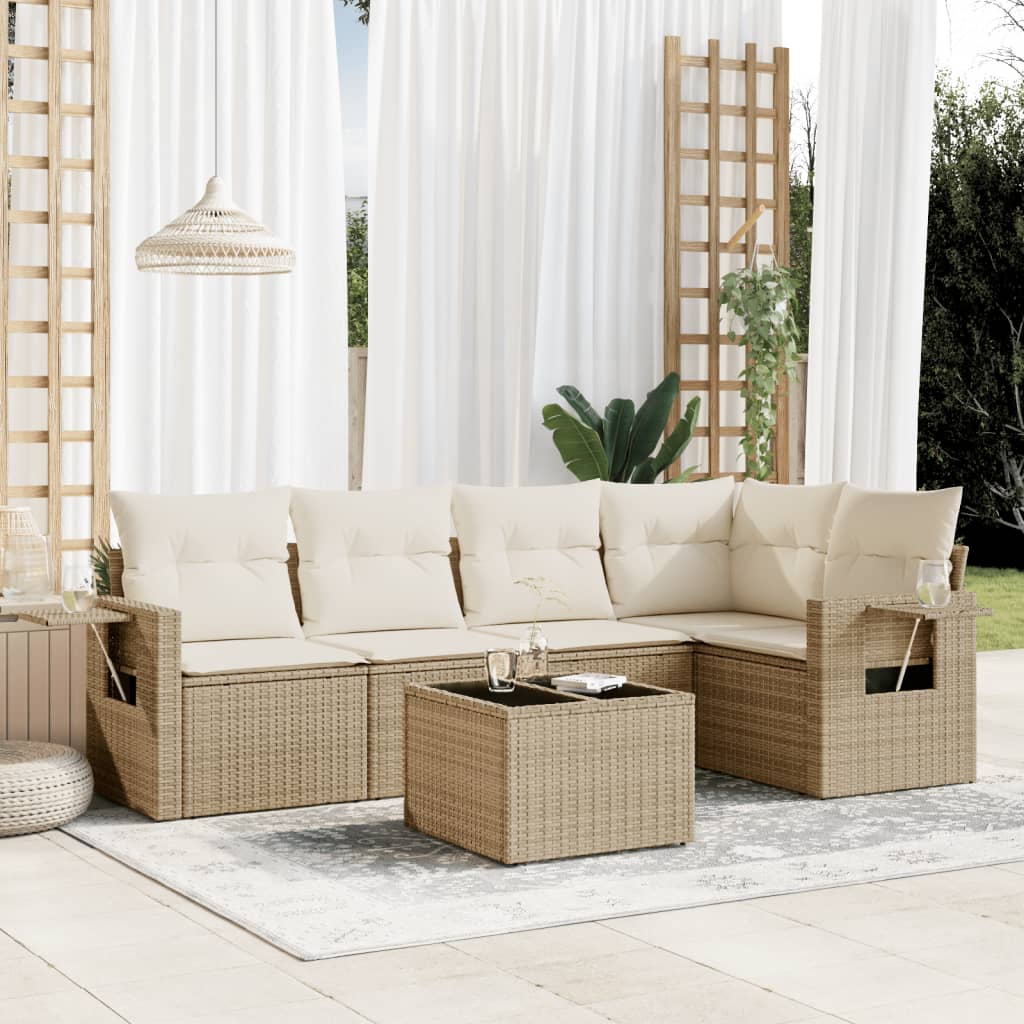 6-tlg. Garten-Sofagarnitur mit Kissen Beige Poly Rattan