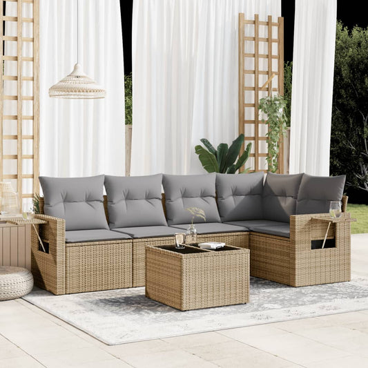 6-tlg. Garten-Sofagarnitur mit Kissen Beige Poly Rattan