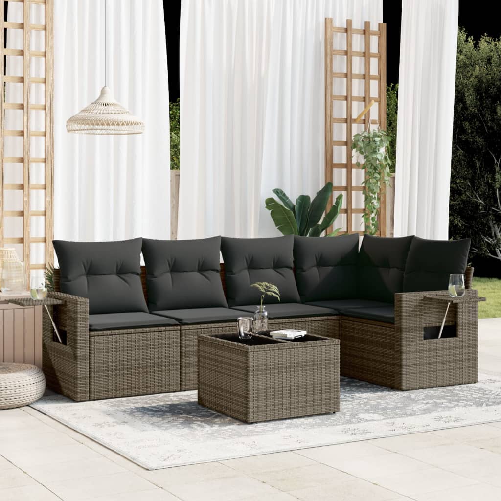 6-tlg. Garten-Sofagarnitur mit Kissen Grau Poly Rattan