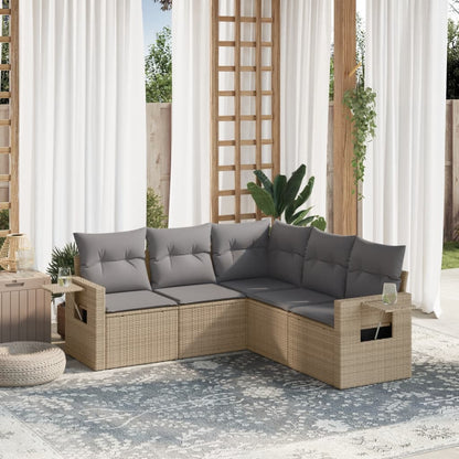 5-tlg. Garten-Sofagarnitur mit Kissen Beige Poly Rattan