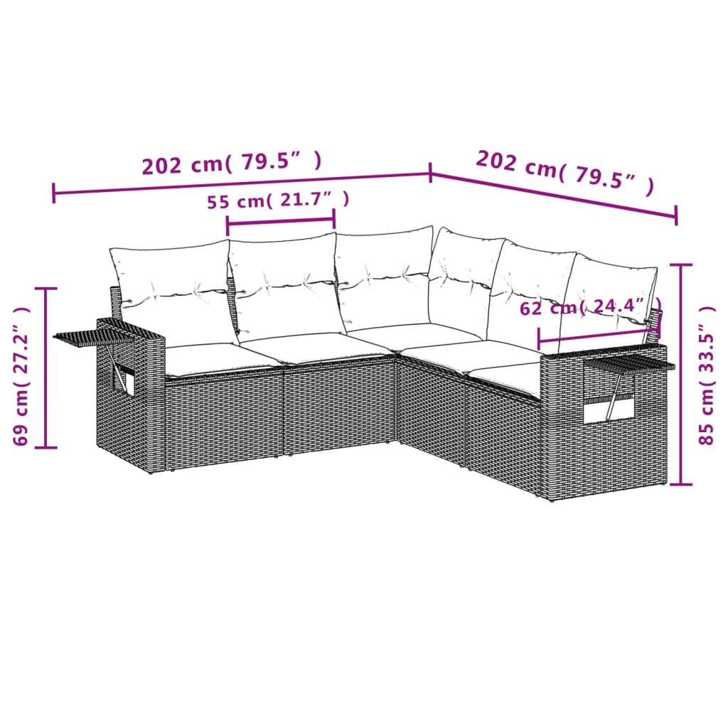 5-tlg. Garten-Sofagarnitur mit Kissen Grau Poly Rattan