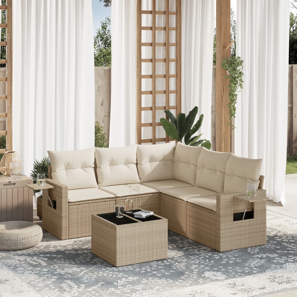 6-tlg. Garten-Sofagarnitur mit Kissen Beige Poly Rattan