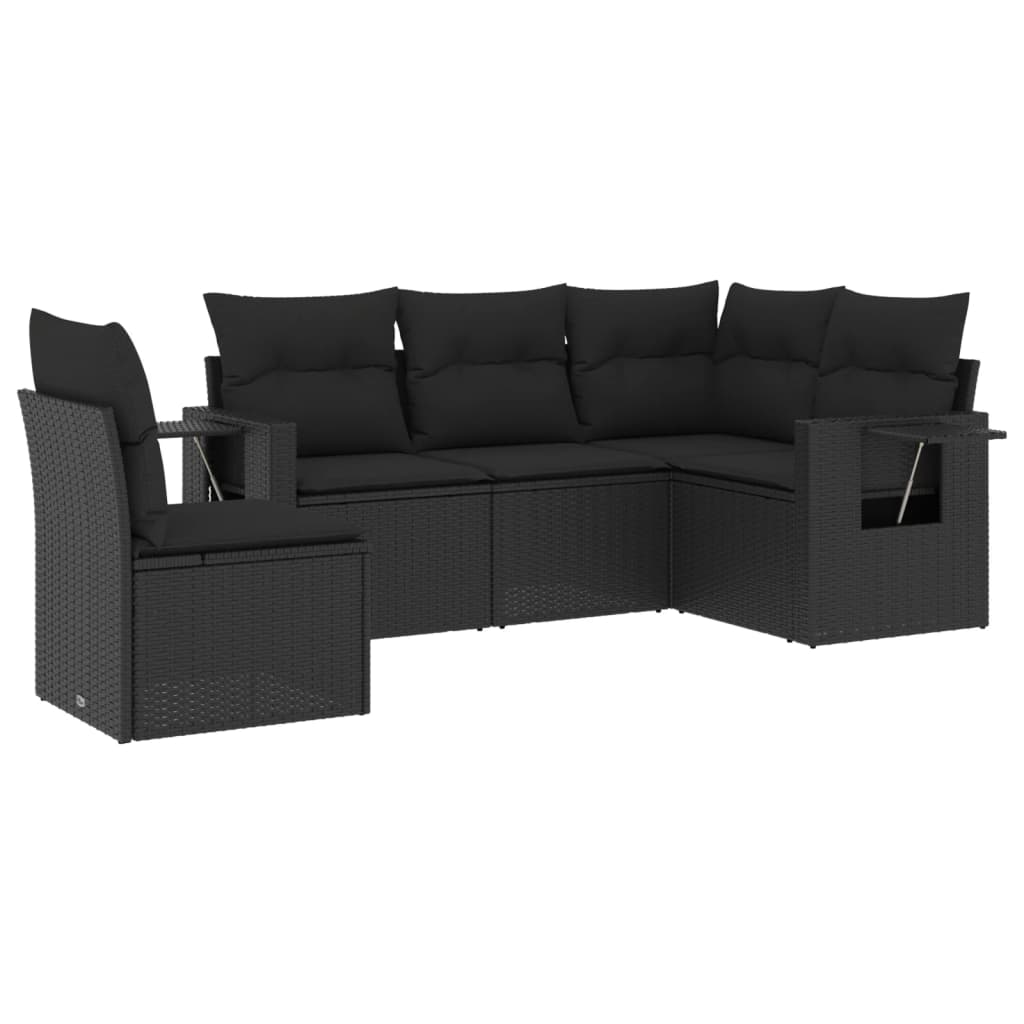 5-tlg. Garten-Sofagarnitur mit Kissen Schwarz Poly Rattan