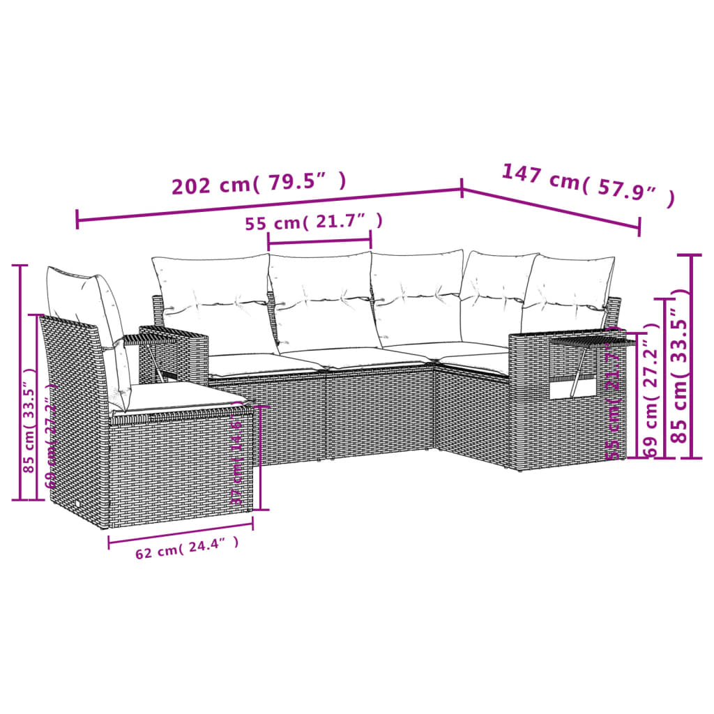 5-tlg. Garten-Sofagarnitur mit Kissen Schwarz Poly Rattan