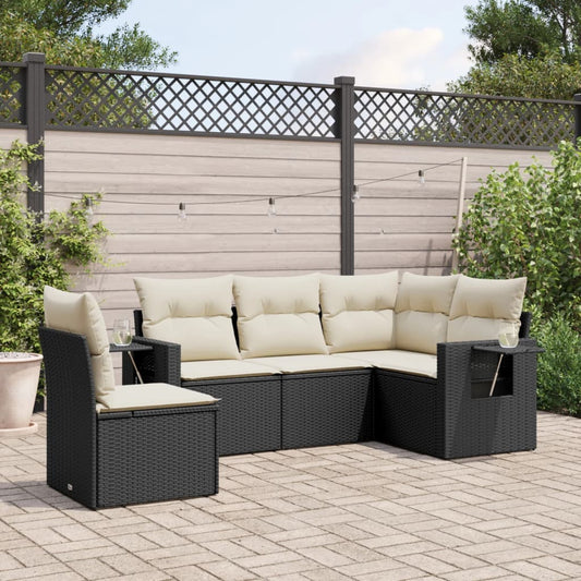 5-tlg. Garten-Sofagarnitur mit Kissen Schwarz Poly Rattan