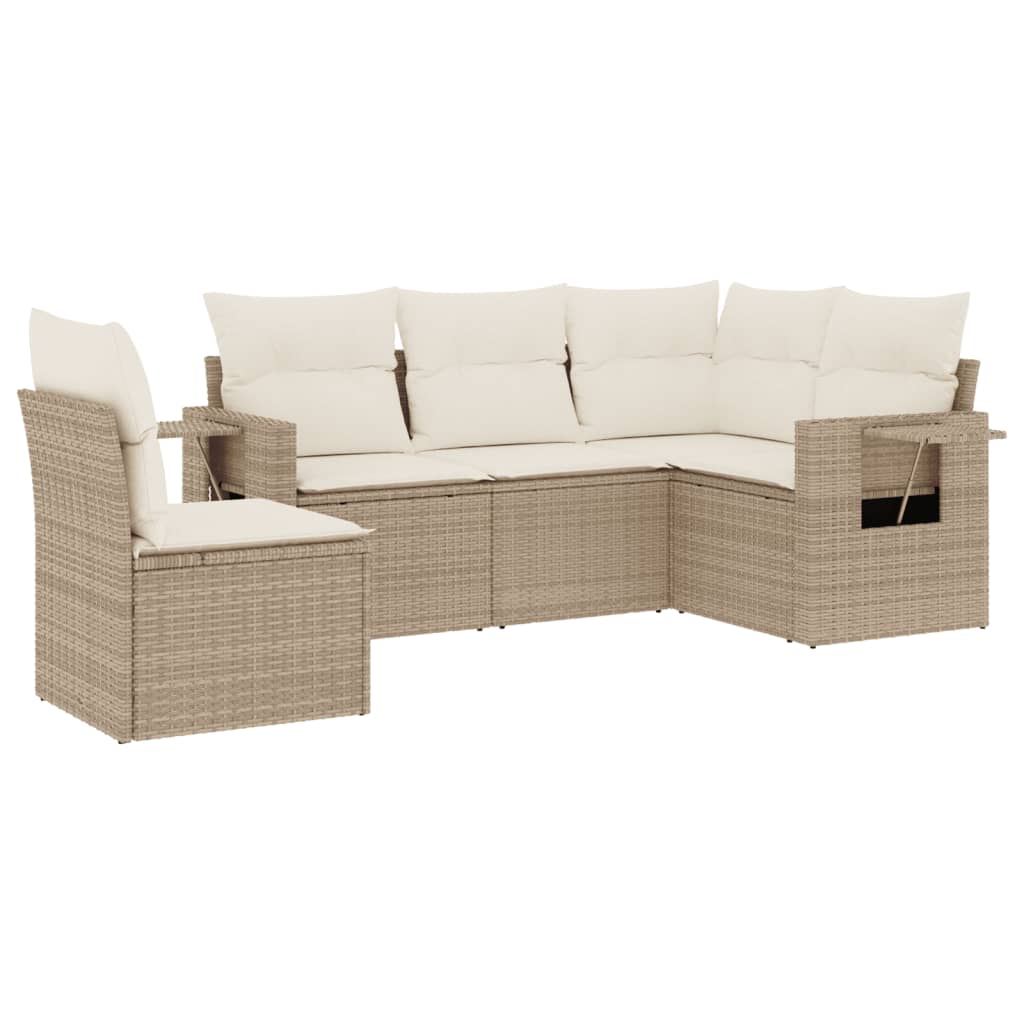 5-tlg. Garten-Sofagarnitur mit Kissen Beige Poly Rattan