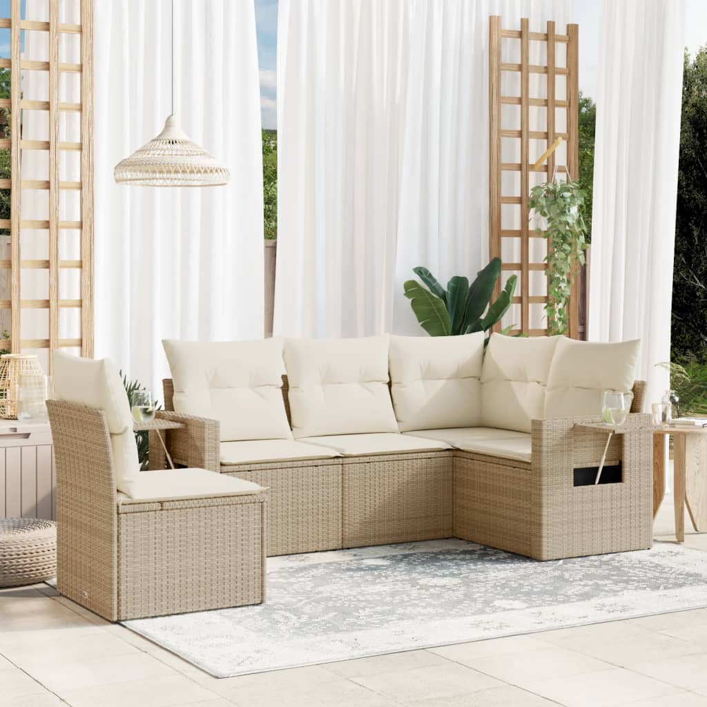 5-tlg. Garten-Sofagarnitur mit Kissen Beige Poly Rattan