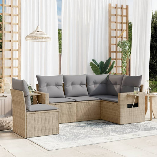 5-tlg. Garten-Sofagarnitur mit Kissen Beige Poly Rattan