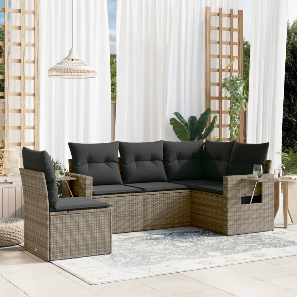 5-tlg. Garten-Sofagarnitur mit Kissen Grau Poly Rattan