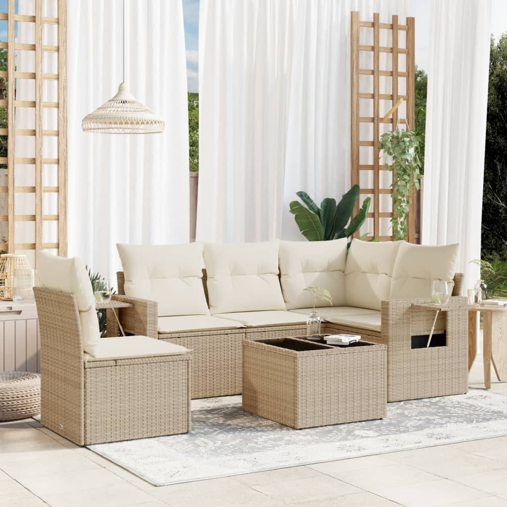 6-tlg. Garten-Sofagarnitur mit Kissen Beige Poly Rattan