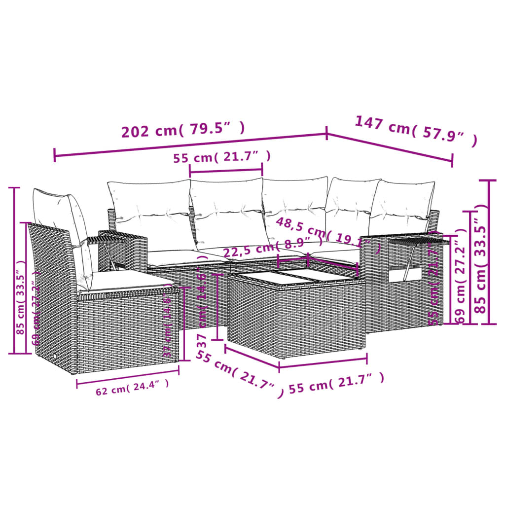 6-tlg. Garten-Sofagarnitur mit Kissen Beige Poly Rattan