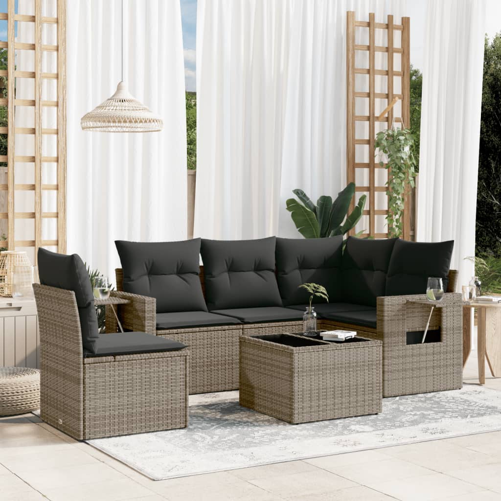 6-tlg. Garten-Sofagarnitur mit Kissen Grau Poly Rattan