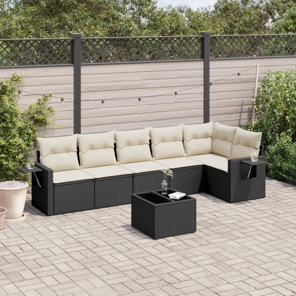 7-tlg. Garten-Sofagarnitur mit Kissen Schwarz Poly Rattan