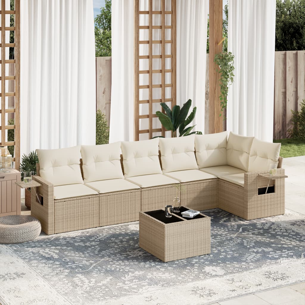 7-tlg. Garten-Sofagarnitur mit Kissen Beige Poly Rattan