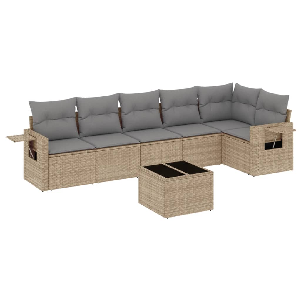 7-tlg. Garten-Sofagarnitur mit Kissen Beige Poly Rattan