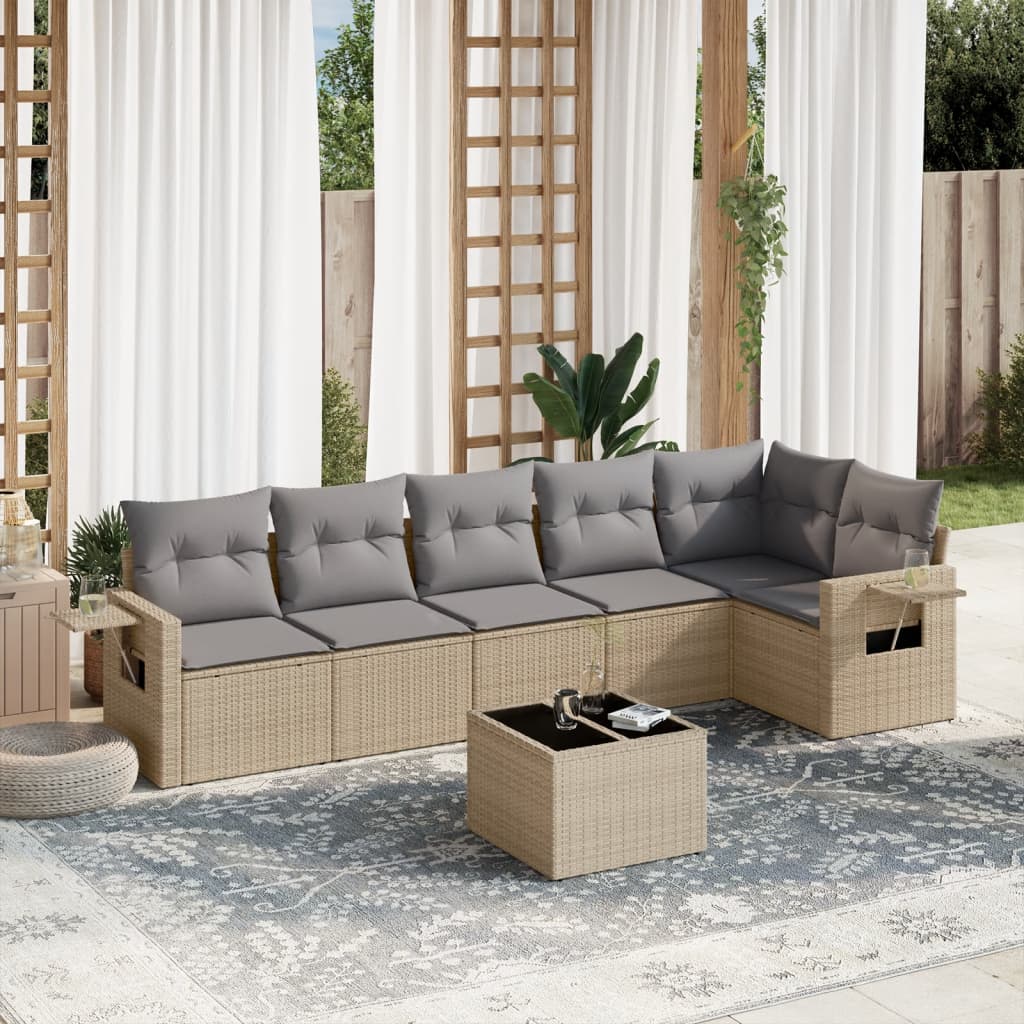 7-tlg. Garten-Sofagarnitur mit Kissen Beige Poly Rattan