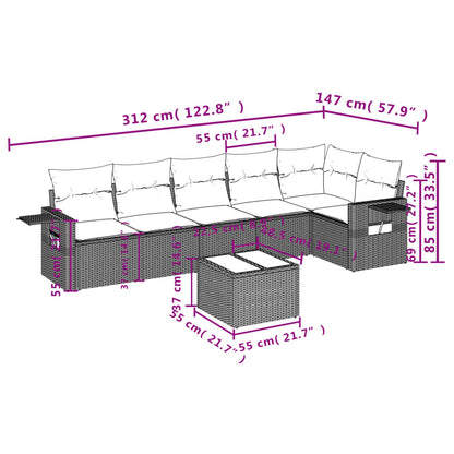 7-tlg. Garten-Sofagarnitur mit Kissen Hellgrau Poly Rattan