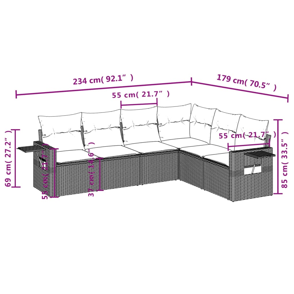 6-tlg. Garten-Sofagarnitur mit Kissen Schwarz Poly Rattan