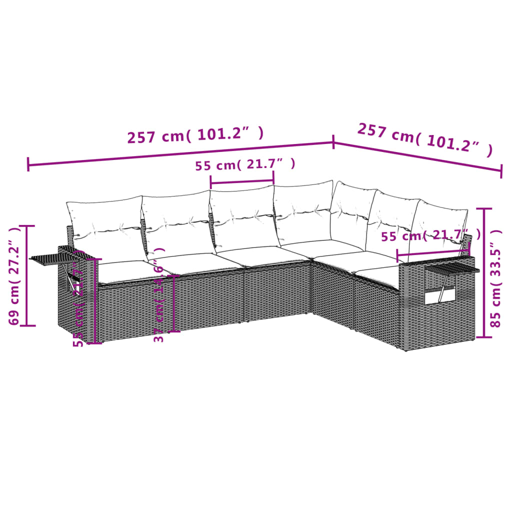 6-tlg. Garten-Sofagarnitur mit Kissen Grau Poly Rattan