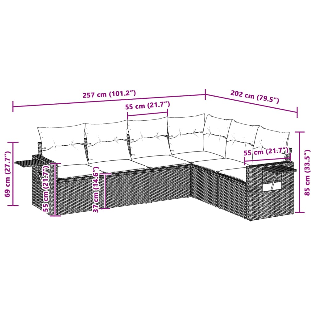 6-tlg. Garten-Sofagarnitur mit Kissen Hellgrau Poly Rattan