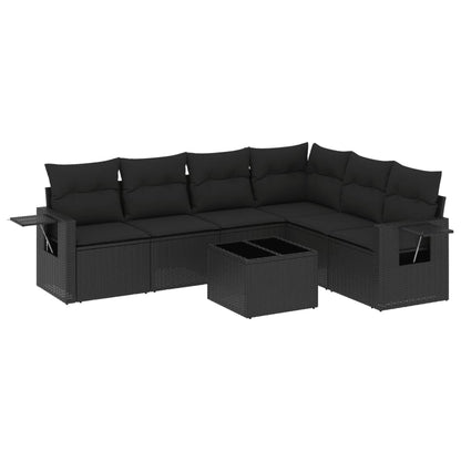 7-tlg. Garten-Sofagarnitur mit Kissen Schwarz Poly Rattan