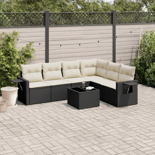 7-tlg. Garten-Sofagarnitur mit Kissen Schwarz Poly Rattan