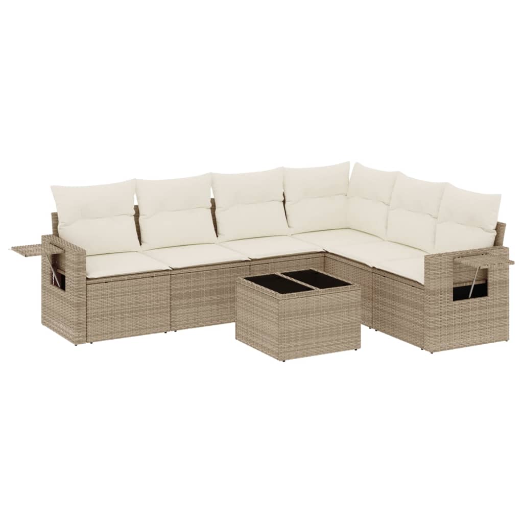 7-tlg. Garten-Sofagarnitur mit Kissen Beige Poly Rattan