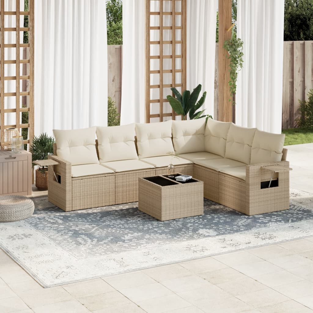 7-tlg. Garten-Sofagarnitur mit Kissen Beige Poly Rattan