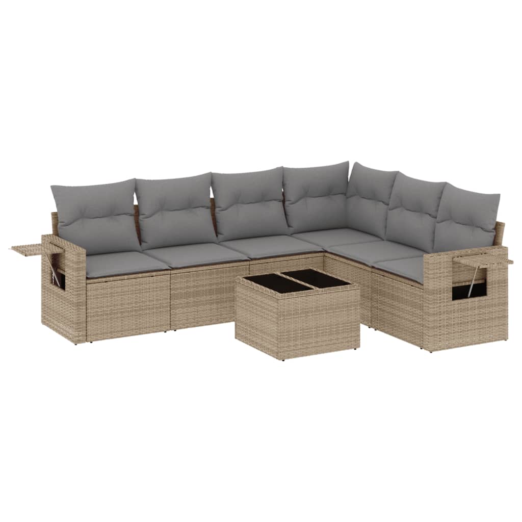 7-tlg. Garten-Sofagarnitur mit Kissen Beige Poly Rattan