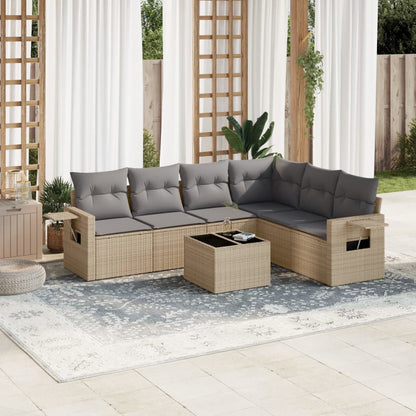 7-tlg. Garten-Sofagarnitur mit Kissen Beige Poly Rattan